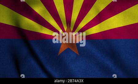 Die Flagge Arizonas winkt im Wind. Nationalflaggen von Arizona. Zeichen von Arizona. 3D-Abbildung. Stockfoto