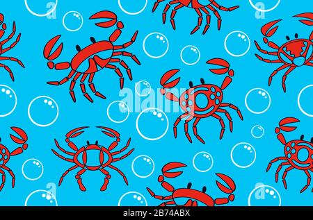 Krabben nahtloses Textilmuster auf Blau mit Luftblasen Stockfoto
