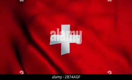 Flagge der Schweiz winkt im Wind. Nationalflaggen der Schweiz. Zeichen der Schweiz. 3D-Abbildung. Stockfoto