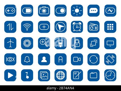 Mobile Symbole in blauen Farben, vereinfachte Symbole auf dem mobilen Smartphone-Bildschirm Stockfoto