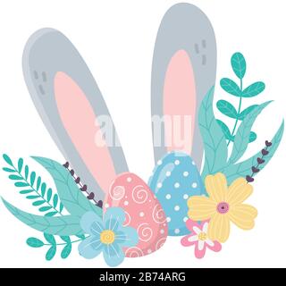 Frohe ostern große Ohren Eier Blumen Laub Dekoration Vektor Illustration Stock Vektor