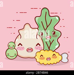 Kawaii Huhn Tempura Gemüse und dumme japanische Cartoon-Vektor-Illustration Sushi und Rollen Stock Vektor