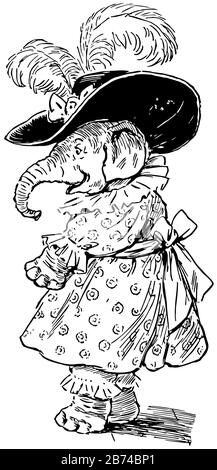 Ein Elefant im weiblichen Kleid mit Hut auf dem Kopf nach links, Vintage-Zeichnung oder Gravur Illustration Stock Vektor