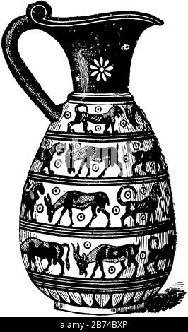 Corinthian Vase ist eine griechische Vase, die in antiker Manier dekoriert ist, sie wird als schwarzfiguriger Stil oder schwarzfigurige Keramik, Vintage-Line-Zeichnung oder Engra-Zeichnung bezeichnet Stock Vektor