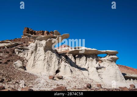 Landschaft mit niedrigem Winkel aus grauen Steinformationen in Bisti Badlands in New Mexico Stockfoto