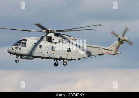 ZH828, ein AgustaWestland Merlin HM1, das von der Royal Navy betrieben wird, auf dem Flughafen Prestwick in Ayrshire, während der Scottish Airshow 2014. Stockfoto