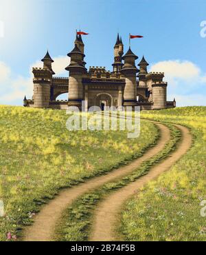 Weg, der zu einem bezaubernden Märchenschloss der Prinzessin führt, das auf einem Hügel aufragt, 3D-Rendering. Stockfoto