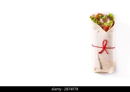 Doner Kebab oder Shawarma Sandwich isoliert auf weißem Hintergrund. Kopierbereich in der Draufsicht Stockfoto