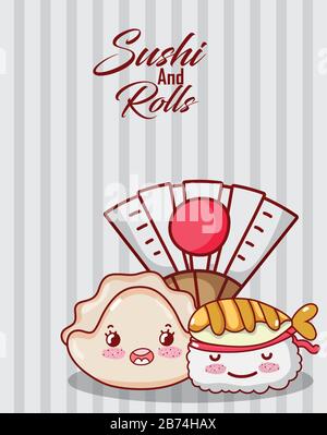 Kawaii Sushi Fisch Tempura und Fan-Food japanische Cartoon-Vektor-Illustration Sushi und Rollen Stock Vektor