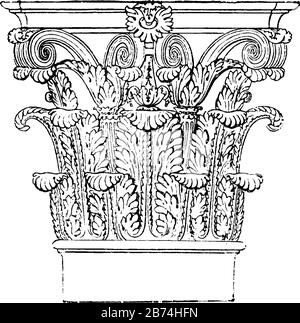 Romanisch-korinthische Hauptstadt, bevorzugte Ordnung war die reich dekorierte Schönheit, die die Römer strebten und der sie eine vollwertige, klassische Strichzeichnung hinzufügten Stock Vektor