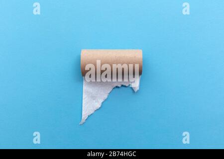 Leere toilettenpapierrolle auf blauem Hintergrund Stockfoto