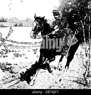 Ein Mann mit Hut auf dem Kopf auf Pferd im Dschungel, Vintage-Zeichnung oder Gravur Illustration Stock Vektor