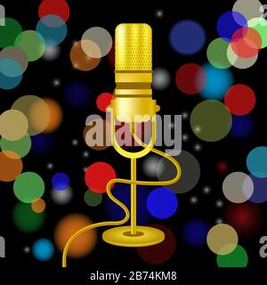 Das Symbol für das Retro Gold Mikrofon Ist Auf Dem Hintergrund Der Verschwommenen Farbigen Lichter Isoliert Stock Vektor