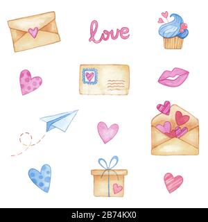 Valentinstag Set mit Elementen, Geschenkbox, Valentinstag, süßem Cupcake und Liebesbrief, isoliert auf Weiß Stockfoto