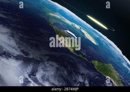 3D-Illustration Rendering. Flache Erdtheorie mit Atmosphäre, Sonne, Mond und Glasabdeckung. Uralte Mythenwelt der Weltkugel in Form von Scheibe. Stockfoto