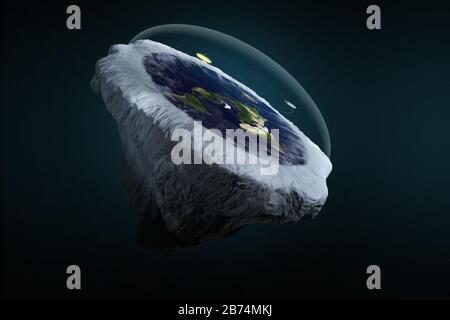 3D-Illustration Rendering. Flache Erdtheorie mit Atmosphäre, Sonne, Mond und Glasabdeckung. Uralte Mythenwelt der Weltkugel in Form von Scheibe. Stockfoto