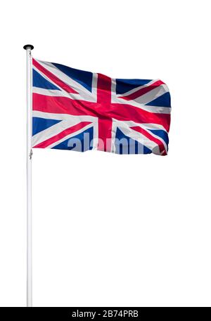 Union Jack / Nationalflaggen des Vereinigten Königreichs auf Flagpole, die im Wind vor weißem Hintergrund fliegen Stockfoto