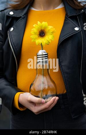 Frau, die eine Glühbirne mit einer gelben Blume fängt. Kreativitätskonzept. Stockfoto