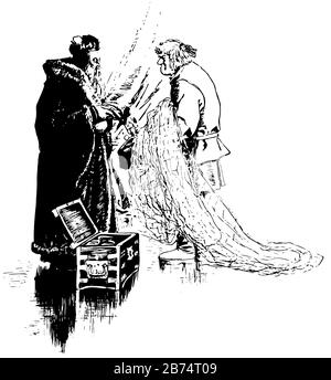 Lay die Schuld, diese Szene zeigt zwei Männer, einen Mann, der Netz in den Händen hält und einen anderen Mann, der Münzen in seinen Hut, Kasten auf Grund, Vintage-Linien-Zeichnung oder e setzt Stock Vektor