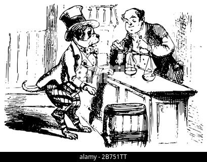 Buff, diese Szene zeigt, dass ein Tier im menschlichen Kleid zum Laden kam und ein Mann etwas in die Waage bringt, das auf dem Tisch gehalten wird, Vintage Line Draw Stock Vektor