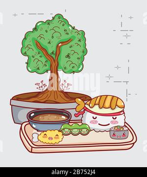 Kawaii Sushi Erbsen Tempura und Potted Bonsai japanische Cartoon-Vektor-Illustration Sushi und Rollen Stock Vektor