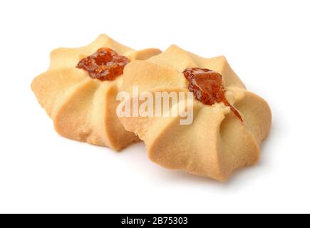 Shortbread Plätzchen mit Marmelade isoliert auf Weiß Stockfoto