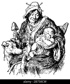 Mutter mit Ihrem Baby, diese Szene zeigt eine Frau auf dem Stuhl sitzend mit Baby in ihrem Schoß und Hund, der auf Baby schaut, sie hält Spielzeug in der Hand, Vintage lin Stock Vektor