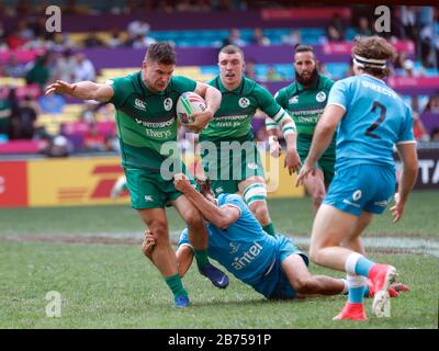 Irisches Team tritt am 1. Tag der Qualifikation für die World Rugby Sevens Series 2019 gegen das Team Uruguays an - Hongkong in Hongkong. Stockfoto