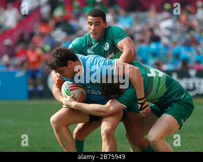 Irisches Team tritt am 1. Tag der Qualifikation für die World Rugby Sevens Series 2019 gegen das Team Uruguays an - Hongkong in Hongkong. Stockfoto