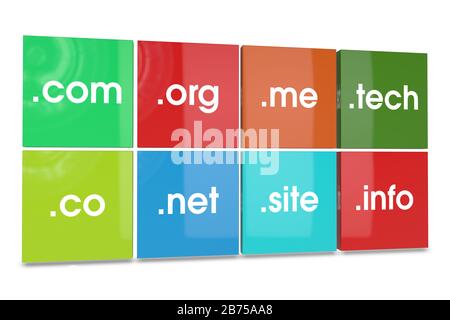 Website Domain Name Webkonzept mit Domain-Zeichen und Worten auf bunten Boxen, 3D-Darstellung, 3D-Rendering Stockfoto