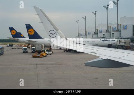 02.06.2017, München, Deutschland, Europa - die Passagierflugzeuge der Lufthansa parken vor ihren Toren am Münchner Franz-Josef-Strauß-Flughafen. Die Lufthansa ist Mitglied der Star Alliance, einem internationalen Flugnetz. [Automatisierte Übersetzung] Stockfoto