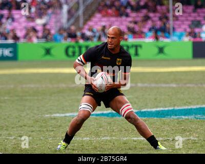 Anjo Buckman im Einsatz gegen Japan während der Qualifikationsturmbeendrunde am 3. Tag der HSBC World Rugby Sevens Series in Hongkong. Stockfoto