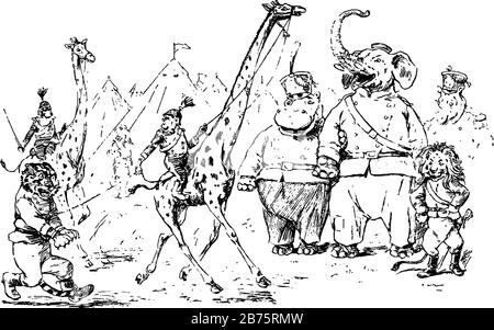 Affe, die auf dem Halteseil der Giraffe reiten, das an die Beine des Tigers gebunden ist, andere Tiere, die sie und Berge im Hintergrund beobachten, Vintage-Line-Kordin Stock Vektor
