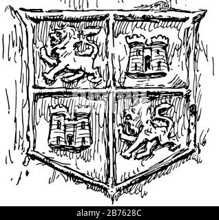 Lion Crest, es gibt zwei Löwen und zwei Burgen, Vintage-Linien-Zeichnung oder Gravur Illustration Stock Vektor