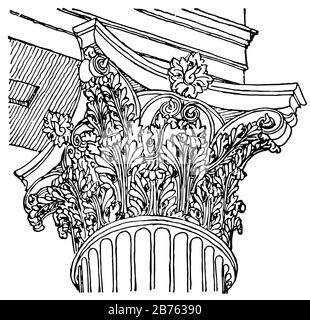 Corinthian Capital, From the Temple of Mars, The Roman Architecture, its Ableger The Composite, Vintage Line Drawing or Gravuring Illustration. Stock Vektor