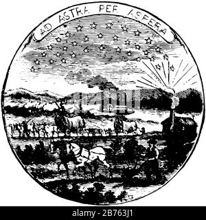 Das offizielle Siegel des US-Bundesstaats Kansas im Jahr 1889, SEAL hat aufgehende Sonne, Fluss und ein Dampfschiff, ein Mann pflügt mit einem Paar Pferden, Laufzug Stock Vektor