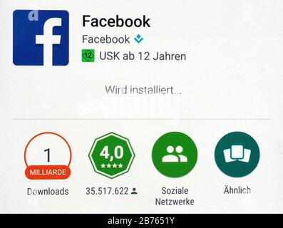 Auf einem Bildschirm eines Android-Smartphones wird der Download der Facebook-App am 12.01.2016 angezeigt. Die Facebook-App wurde bereits über 1 Milliarde Mal heruntergeladen. [Automatisierte Übersetzung] Stockfoto