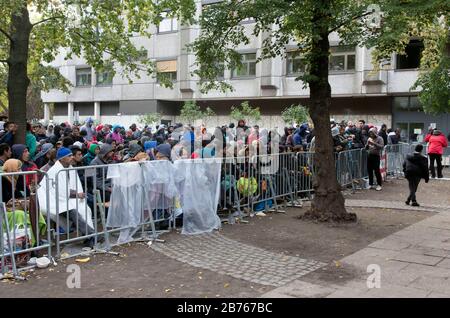 Asylsuchende Flüchtlinge werden am 9. Oktober 2015 beim Berliner Landesamt für Gesundheit und Soziales LaGeSo auf ihre Registrierung warten. [Automatisierte Übersetzung] Stockfoto