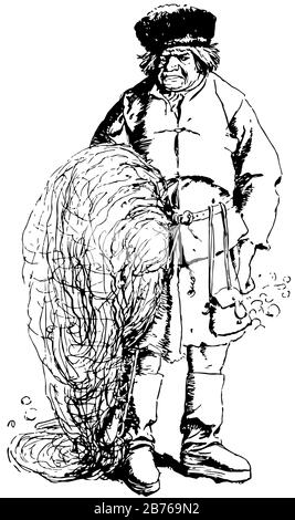 Lay the Blame, diese Szene zeigt einen alten Mann, der so etwas wie Netz in der linken Hand hält, Vintage-Linien-Zeichnung oder Gravier-Illustration Stock Vektor
