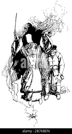 Lay die Schuld, diese Szene zeigt einen Mann mit Stock in der Hand und hebt beide Hände, einen anderen Mann hinter sich, Vintage-Linie Zeichnung oder Gravur Illustration Stock Vektor