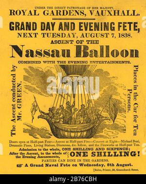 CHARLES GREEN (1785-1870) englischer Ballonist. Plakat für den Start seines Nassauischen Ballons im Vauxhall, London, im Jahr 1838. Stockfoto