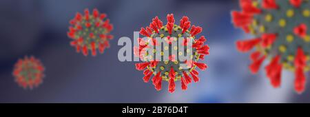 Neues Coronavirus mit schwarzem Hintergrund und breitem Banner. Stockfoto