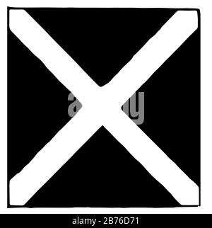 Internationale Code-Flagge für den Buchstaben M, eckige Form mit weißem Kreuz im Inneren, Vintage-Zeichnung oder Gravurzeichnung Stock Vektor
