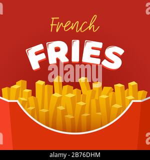 Pommes frites leckere Fast Street Food in roten Karton Karton-Box mit Schriftzug Inschrift Werbung Poster Design. Vector Kartoffelbraten flaches Restaurant Banner oder Werbeflyer Vorlage Stock Vektor