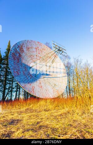 Große Radioastronomieteleskopantenne im Waldsignal Stockfoto