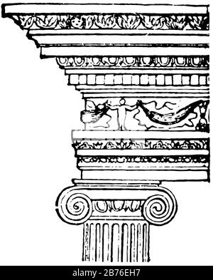 Ionische Ordnung, 6. Jahrhundert, Architektur, Klassische, ionische, Vintage-Linien-Zeichnung oder Gravurdarstellung Stock Vektor