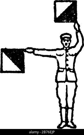 Signal für eine Affirmative und den Buchstaben P, ein Mann mit rechter Hand Flagge ist in 90 Grad und die linke Hand ist 180 Grad in der Luft, Vintage Line dra Stock Vektor