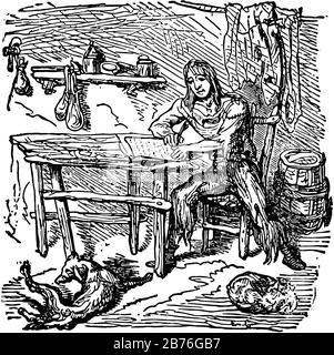 Robinson Crusoe und sein Tagebuch, diese Szene zeigt einen Jungen, der auf dem Stuhl sitzt und Tagebuch schreibt, Tagebuch auf dem Tisch vor ihm aufbewahrt, Hund und Katze am Boden, Stock Vektor