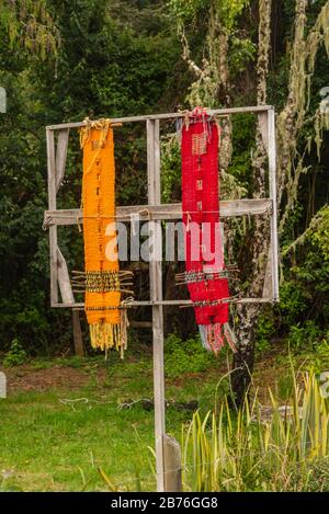 Ein rotes und ein gelbes Gewebe auf Holzstäbchen in einem kleinen Wald Stockfoto