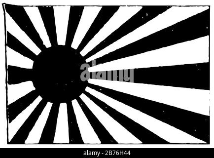 Japan, Flagge der kaiserlichen Marine, 1910, diese Flagge hat eine rote Sonnenscheibe mit 16 Strahlen auf einem weißen Feld, und die Scheibe ist zum Hebezeug, zur Vintage-Zeichnung oder verzerrt Stock Vektor